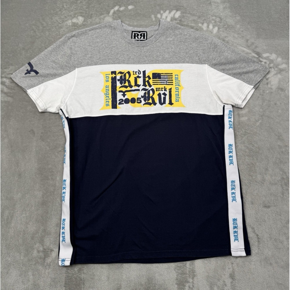 Rock Revival Shirt Mens 2XL XXL Short Sleeve Graphic Tee Cotton Navy Gray White
